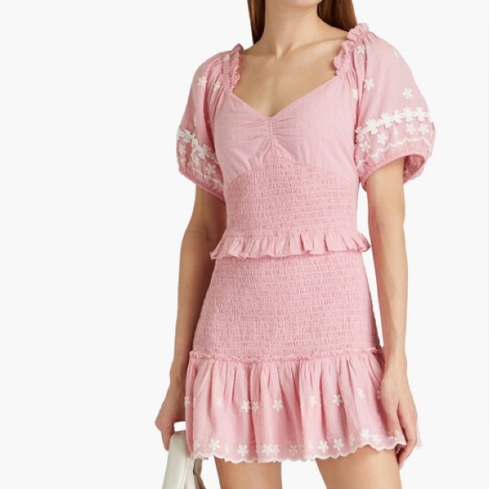 NWT LOVESHACKFANCY JARRAH SHIRRED SWISS-DOT COTTON MINI DRESS, SIZE L